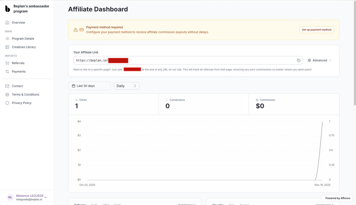 The private affiliate program is up and running for Beplan thanks to <a href="/useAffonso/">Affonso - Affiliate Software for SaaS</a> !

For now, only the private program is up, soon will add the public one (hello 50% commission soon)