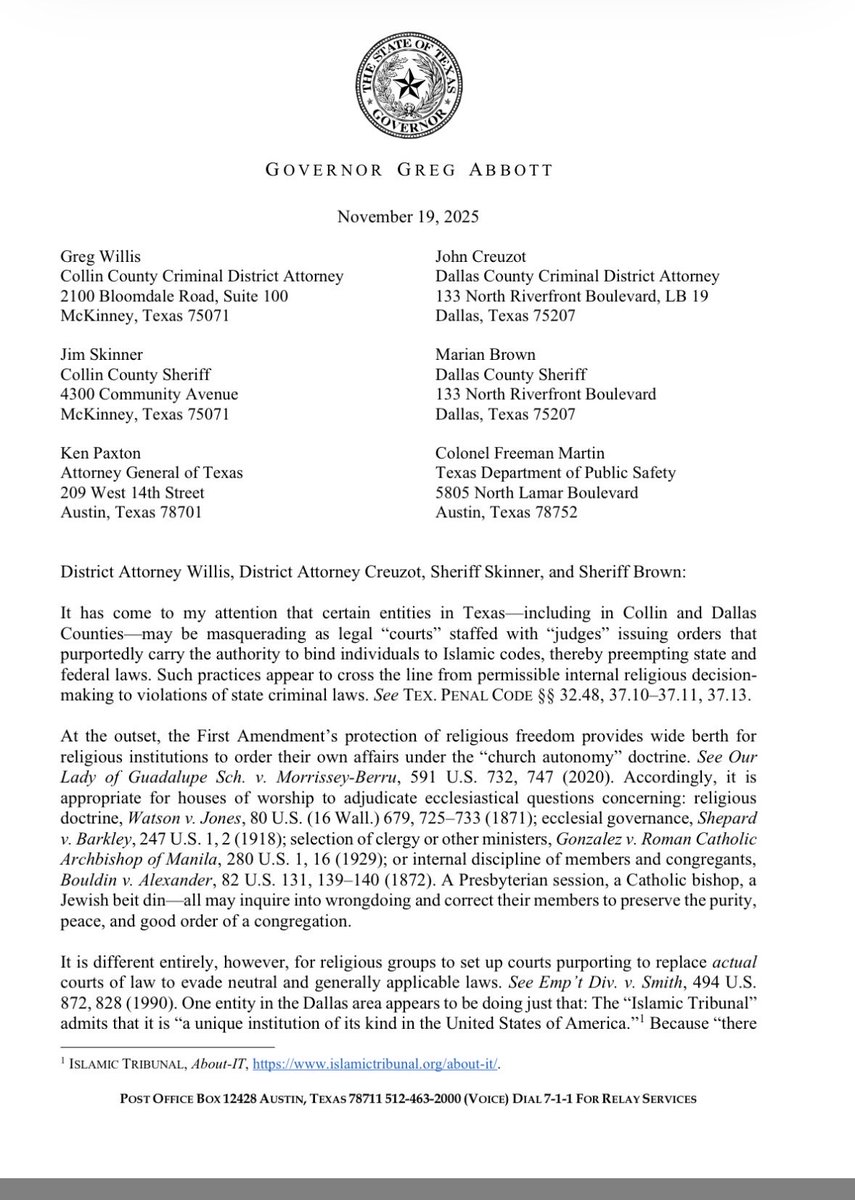 cbs11jack's tweet image. NEW: In letter to Dallas Co. DA &amp;amp; Sheriff and Collin Co. DA &amp;amp; Sheriff, @KenPaxtonTX and Head of @TxDPS, @GregAbbott_TX urges them to investigate certain groups, including those in Dallas and Collin counties, who appear to illegally enforce Sharia Law in Texas. @CBSNewsTexas