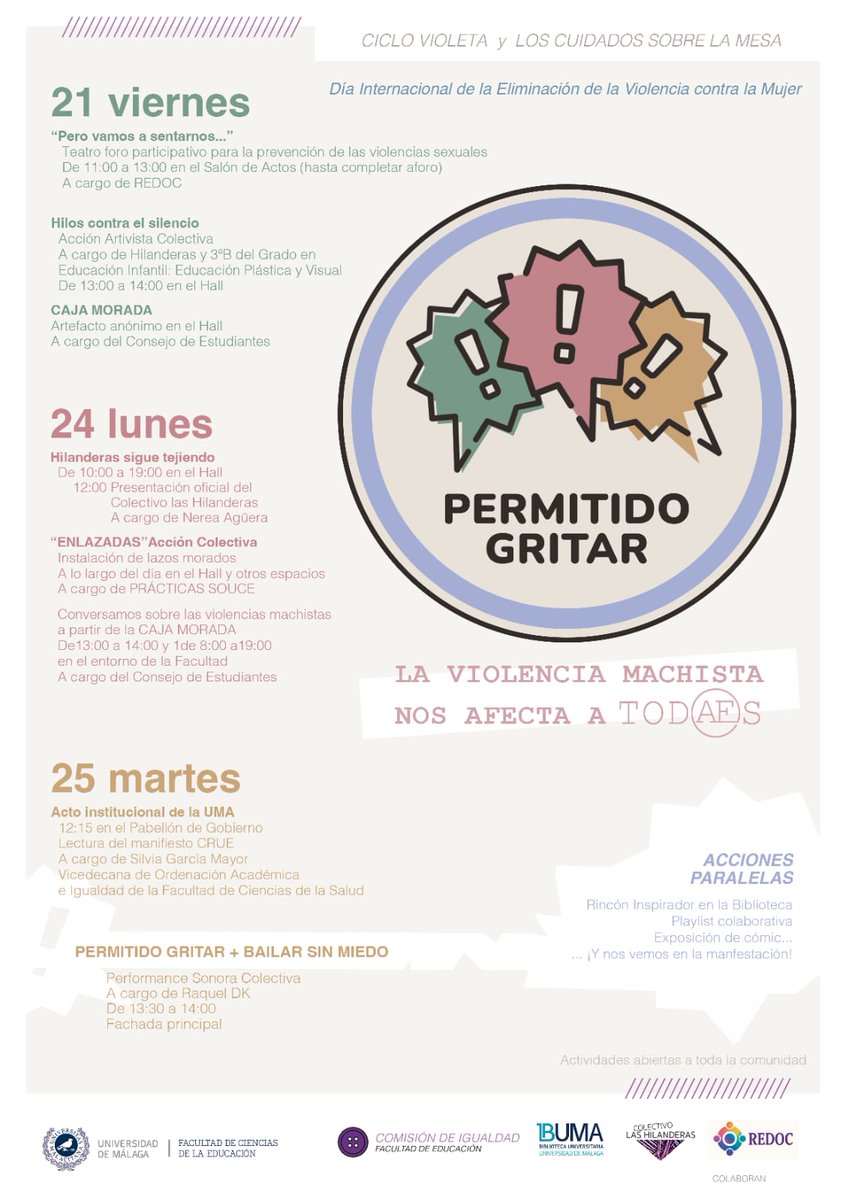 🗯️Permitido Gritar. La violencia machista nos   afecta a todaes🗯️

📢 Con este programa de actividades conmemoramos el Día Internacional de la Eliminación de la Violencia contra la Mujer.

🗓️ Se desarrollarán los días 21, 24 y 25 de noviembre.

Tu participación es clave ¡Anímate!