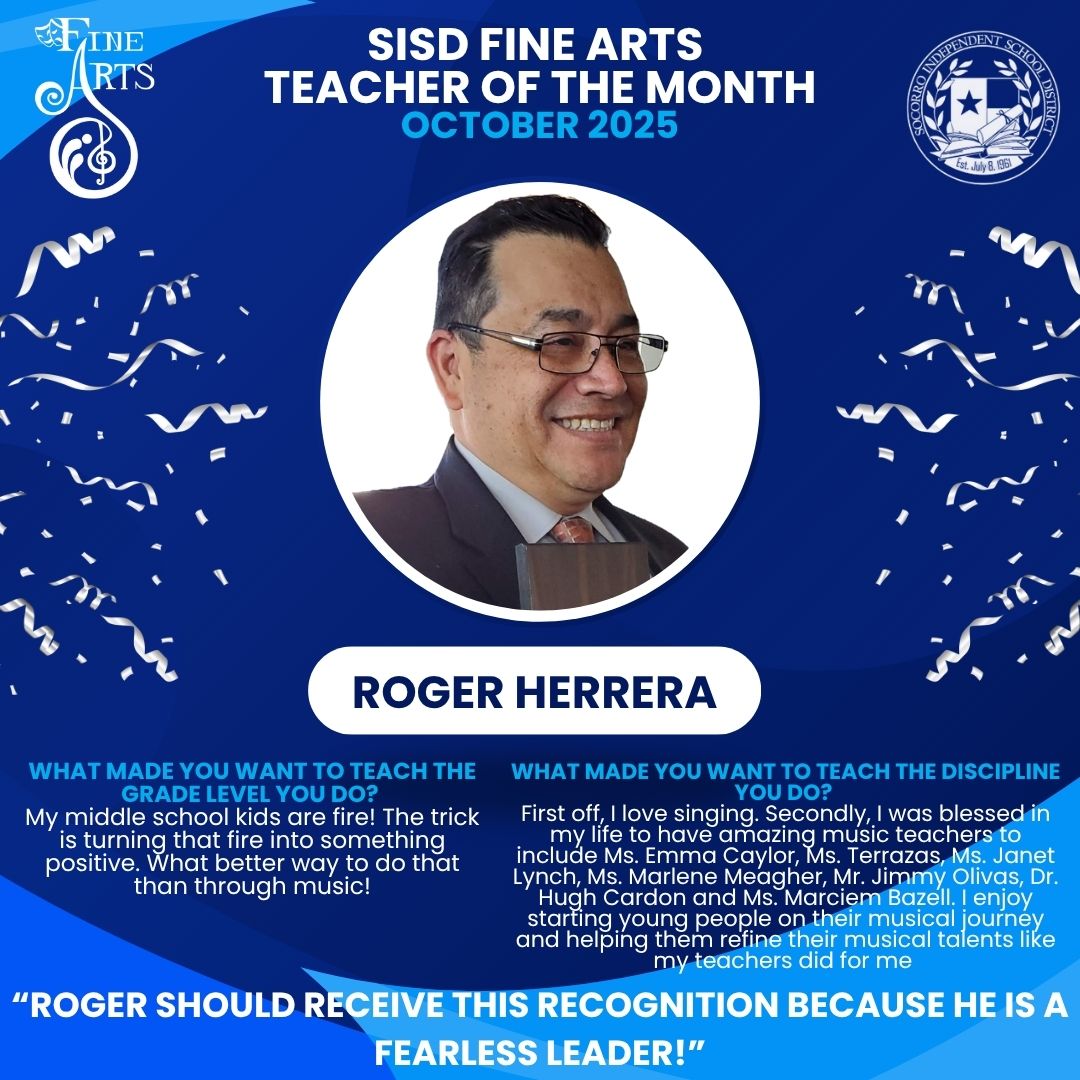 SISD_FineArts's tweet image. A BIG CONGRATULATIONS to our October Fine Arts Teacher of the Month-Roger Herrera!

Roger Herrera teaches choir at Antwine Middle School. Thank you for all you do, Roger! We are lucky to have you as part of the SISD Fine Arts team!

#TeamSISD #SISDFineArts