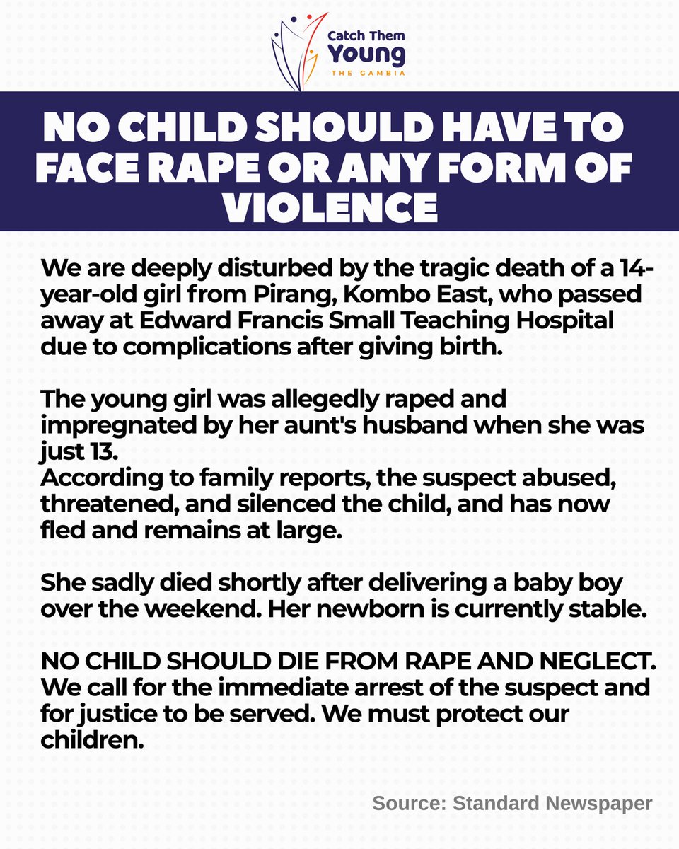 A 14-year-old girl has lost her life.
We call for justice and accountability.

No more silence. No more failure to protect our children.

#StopChildSexualViolence
#RapeIsACrime