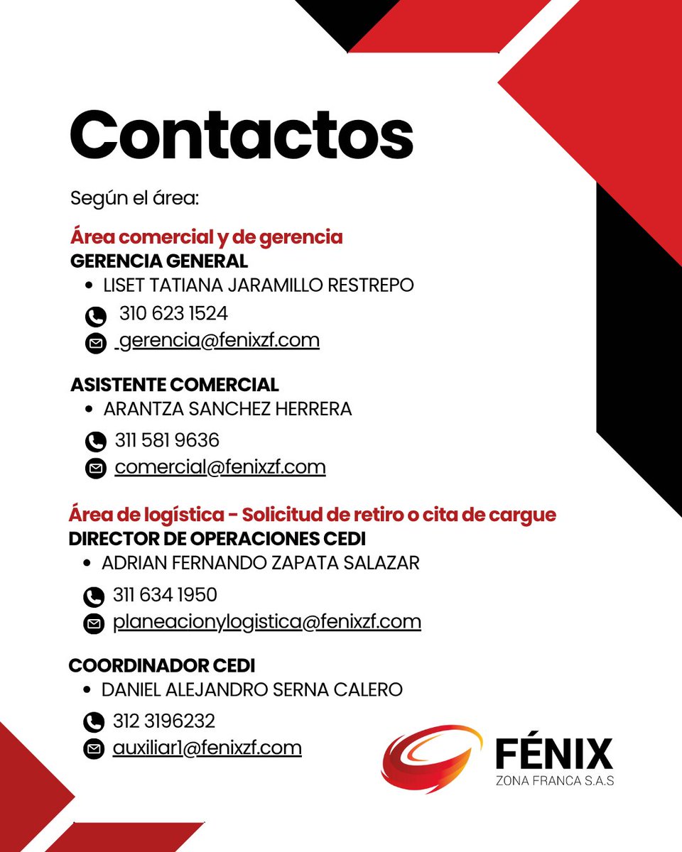 Fenix_ZF's tweet image. 📲 Tu tranquilidad comienza con una buena comunicación.
Estos son nuestros canales oficiales, organizados por área, para atenderte, resolver tus dudas y acompañar cada paso de tu operación.
#FénixZF #AliadosPorElServicio #ComunicaciónClara #LogísticaConfiable #AtenciónAlCliente