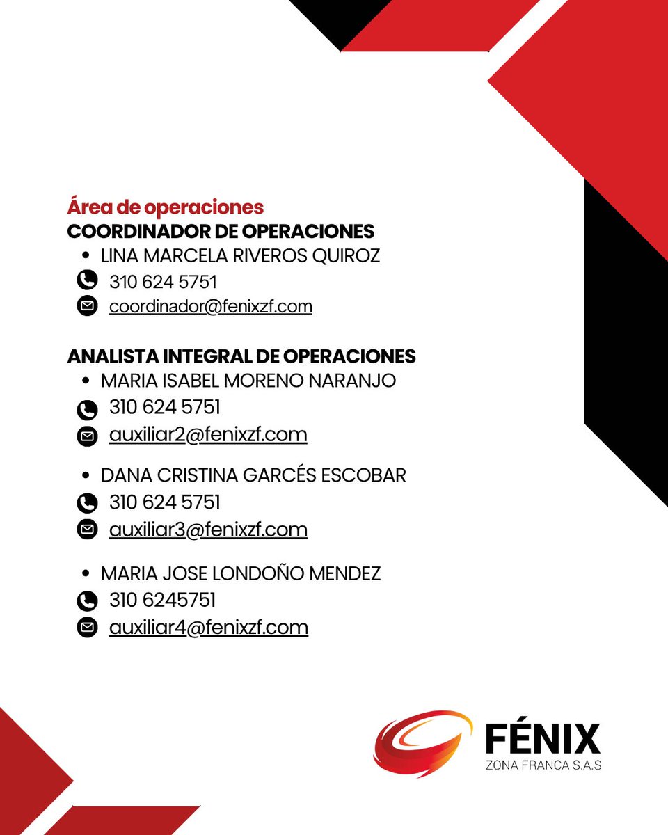 Fenix_ZF's tweet image. 📲 Tu tranquilidad comienza con una buena comunicación.
Estos son nuestros canales oficiales, organizados por área, para atenderte, resolver tus dudas y acompañar cada paso de tu operación.
#FénixZF #AliadosPorElServicio #ComunicaciónClara #LogísticaConfiable #AtenciónAlCliente