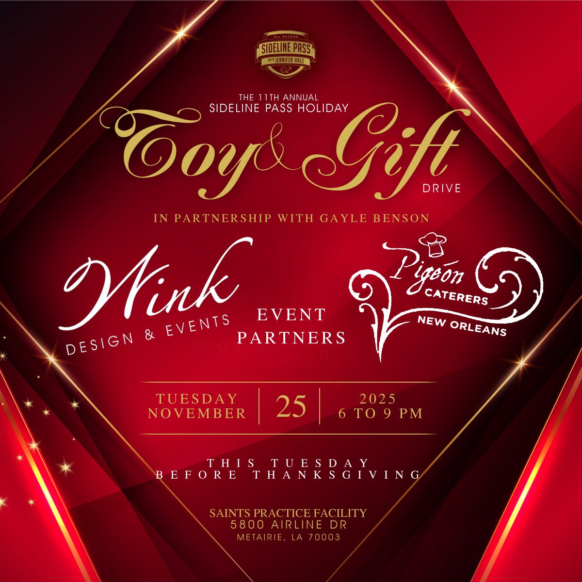 This upcoming Tuesday at <a href="/Saints/">New Orleans Saints</a> for our 11th annual holiday gift &amp; toy drive! Tickets and details at sidelinepass.org