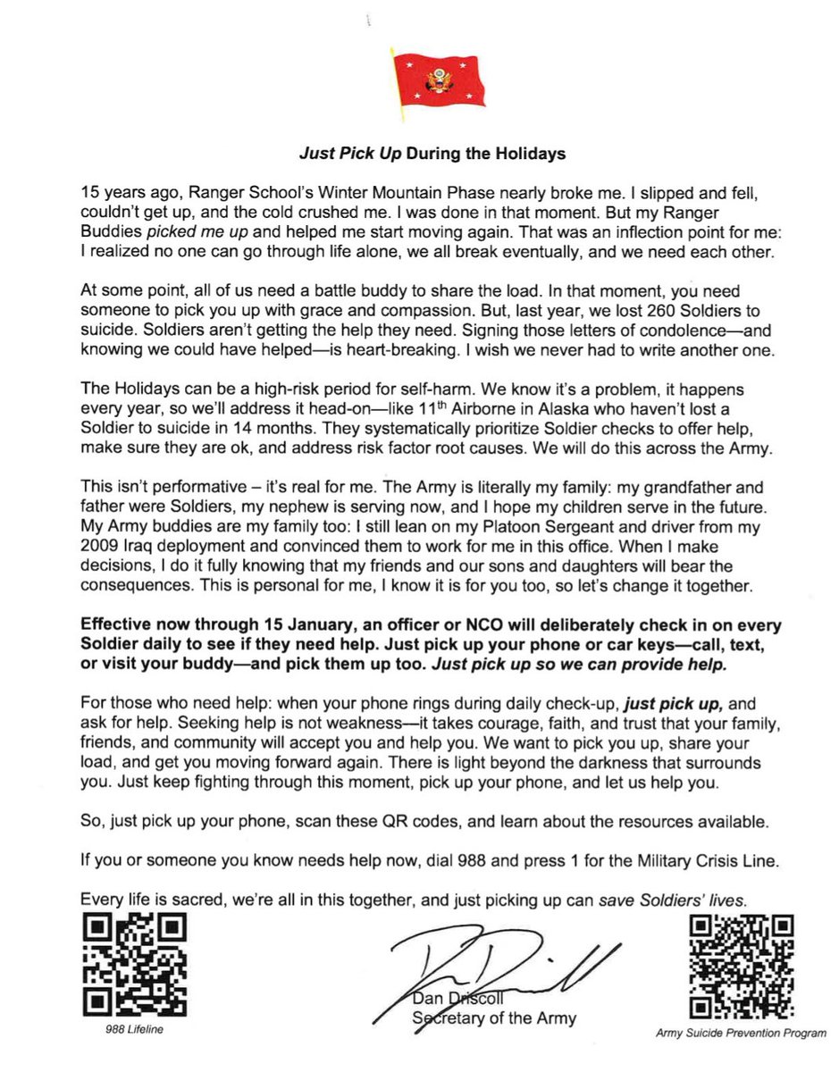 SecArmy's tweet image. This holiday season, some Soldiers are carrying more than we know.
From now through 15 January, leaders will check in on every Soldier, every day.
Call, text, or visit—just pick up and reach out.
If you need help now, dial 988 and press 1.