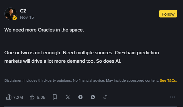 RionOracle's tweet image. Totally agree. @cz_binance 

That’s why we built RION: committee-signed feeds, public challenge windows, insured finality. Price + outcome feeds for prediction markets and agent receipts, live on BNB. 

Happy to supply an independent source.

github.com/rionoracle