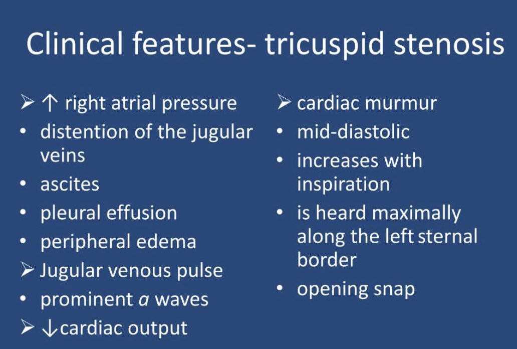 USMLEStepStudy's tweet image. Tricuspid stenosis - rare diastolic, harsh, rumbling lower frequency murmur, LLSB (not apex) 4th ICS; MCC: rheumatic heart dz, carcinoid tumors, endocarditis, radiation, fibrosis; Rx: valve repair or replacement, percutaneous balloon valvuloplasty