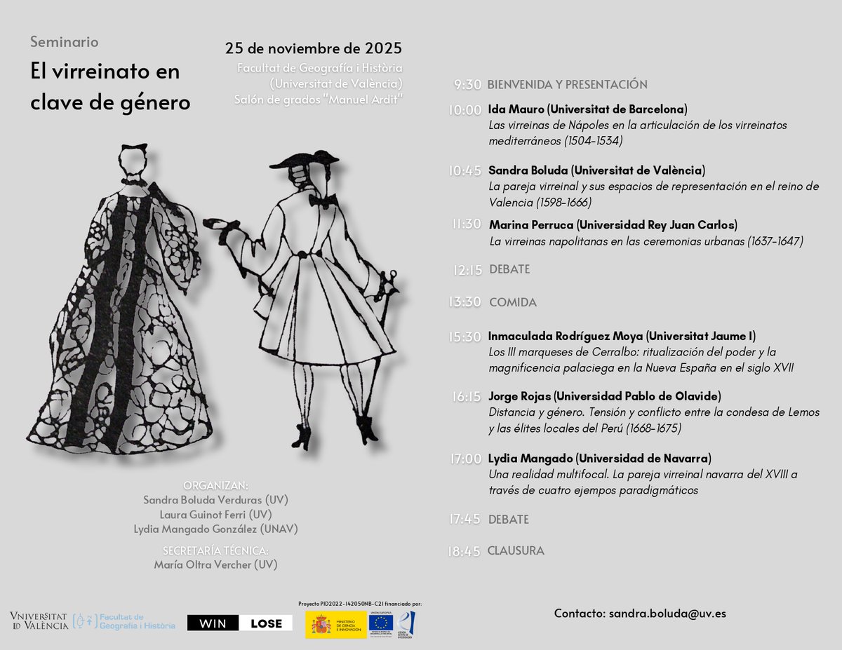 Res_historica's tweet image. En menos de una semana tendrá lugar el seminario &quot;El virreinato en clave de género&quot; ⏱️👑

Si estáis interesados y no estáis en Valencia, tenemos formato on-line😉. Escribidnos a sandra.boluda@uv.es

@FacGeoiH @WinLose_UV