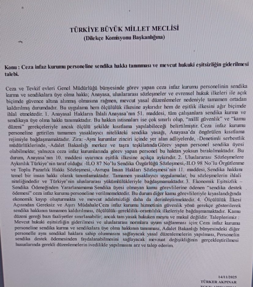 Ceza İnfaz Kurumlarında görev yapan 85 bin Adalet Personelleri sendika hakkının alınması ile ilgili TBMM dilekçe komisyonuna dilekçemizi sunmuş bulunuyoruz 

E devlet ile edilekce.tbmm.gov.tr linkinden giriş yaparak destek verebilirsiniz 

215 bin Adalet personelleri