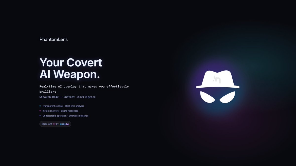 inulute's tweet photo. PhantomLens is now live!! π
(An open-source Cluely alternative)
Your covert AI assistant that can quickly get your on screen task done like a master thief - acquiring all the knowledge without leaving a trace. No trails, no traces.
https://t.co/hgADifkbNa
#cluely #OpenSource #geminiatwork #Gemini