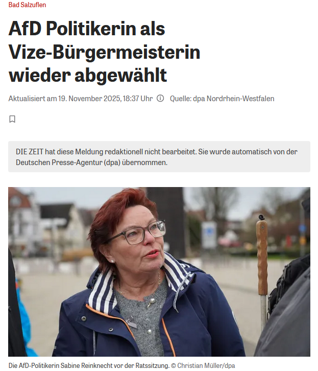 Bad Salzuflen ist die Stadt der Demokratiefeinde, jetzt weiß es das ganze Land! Hier werden sogar Wahlen rückgängig gemacht. Glaubt Ihr nicht? Doch, genau das ist heute dort passiert! 
Sabine Reinknecht wurde kürzlich zur Vize-Bürgermeisterin gewählt, ganz regulär. Nun ist die