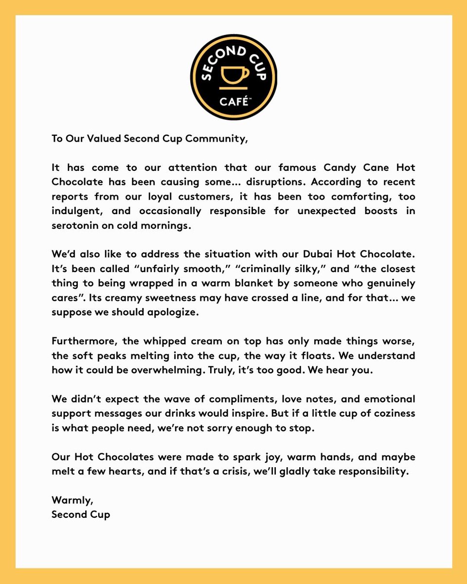 SecondCupCanada's tweet image. We are truly sorry for always exceeding expectations.

-

Nous sommes vraiment désolés de toujours dépasser vos attentes.

#secondcup #apology #letter