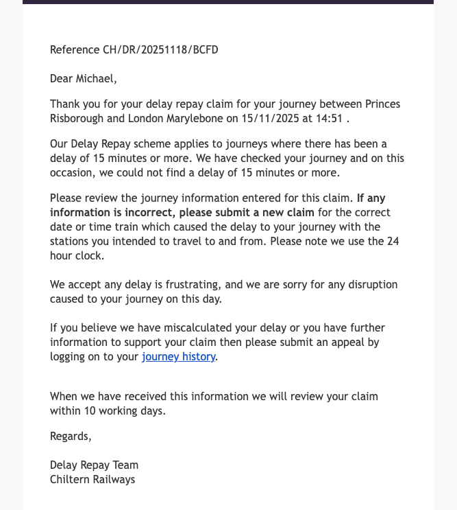 mdgoodfellow's tweet photo. @chilternrailway No evidence of a delay? What on earth is wrong with you. https://t.co/ipUNzvIu48