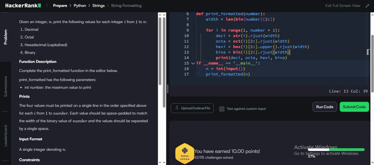 MRout75802's tweet image. Day 59/100 ✅
💡 Challenge: String Formatting
🔹 Converted numbers to Octal, Hexadecimal, Binary
🔹 Practiced right-aligned formatting using .rjust()
🔹 Improved understanding of number systems in Python
#Python #100DaysOfCode #HackerRank #CodingJourney #zigbee