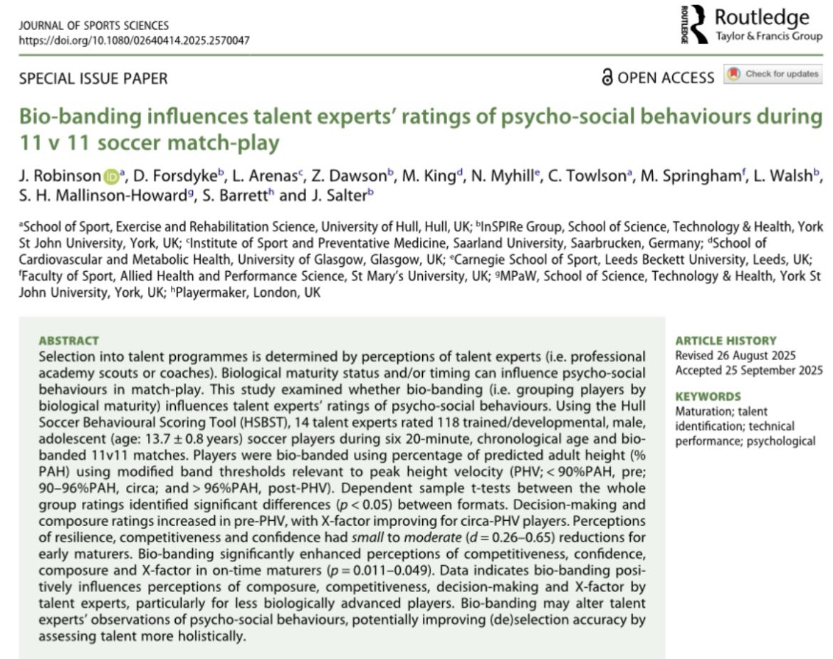 James_Robbo6's tweet photo. 🚨 New publication 

“Bio-banding influences talent experts’ ratings of psycho-social behaviours during 11 v 11 soccer match-play”

Special issue paper: Talent Identification and Development Environments in Sport

🔗Open Access: https://t.co/H1tWRh6qPO

🔍 Key findings below: https://t.co/fih80sWkQr