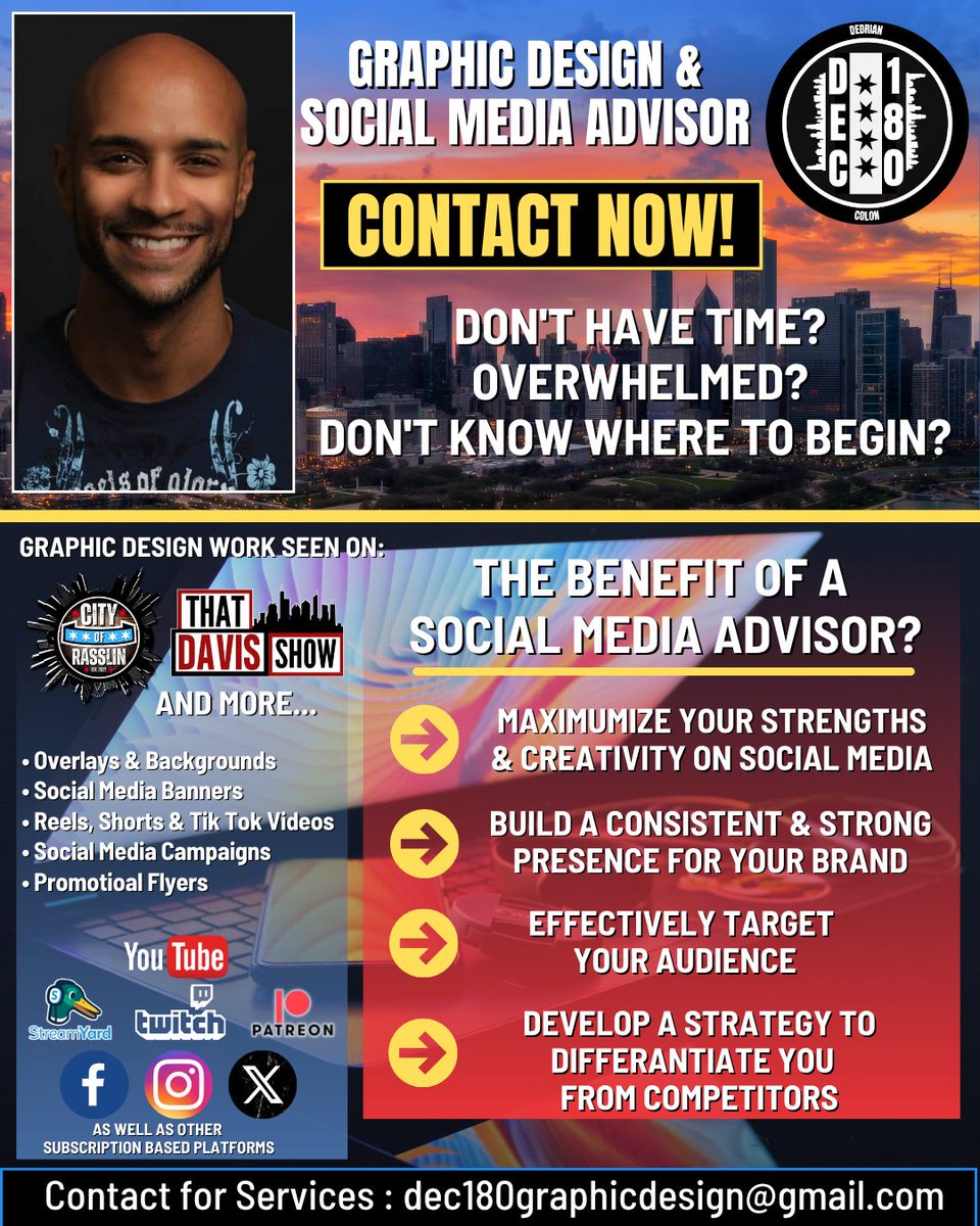 Dedrian91's tweet image. 😳 Don't Have Time? 
😱 Overwhelmed 
🤯 Don't know where to begin? 

Your Business, Brand, Podcast needs Social Media Advisor &amp;amp; Graphic Design ASAP! 

🖼 Graphic design work seen on:
@thatdavisshow 
@cityofrasslin

#chicago #graphicdesign #dedrian91  #socialmediaconsultant