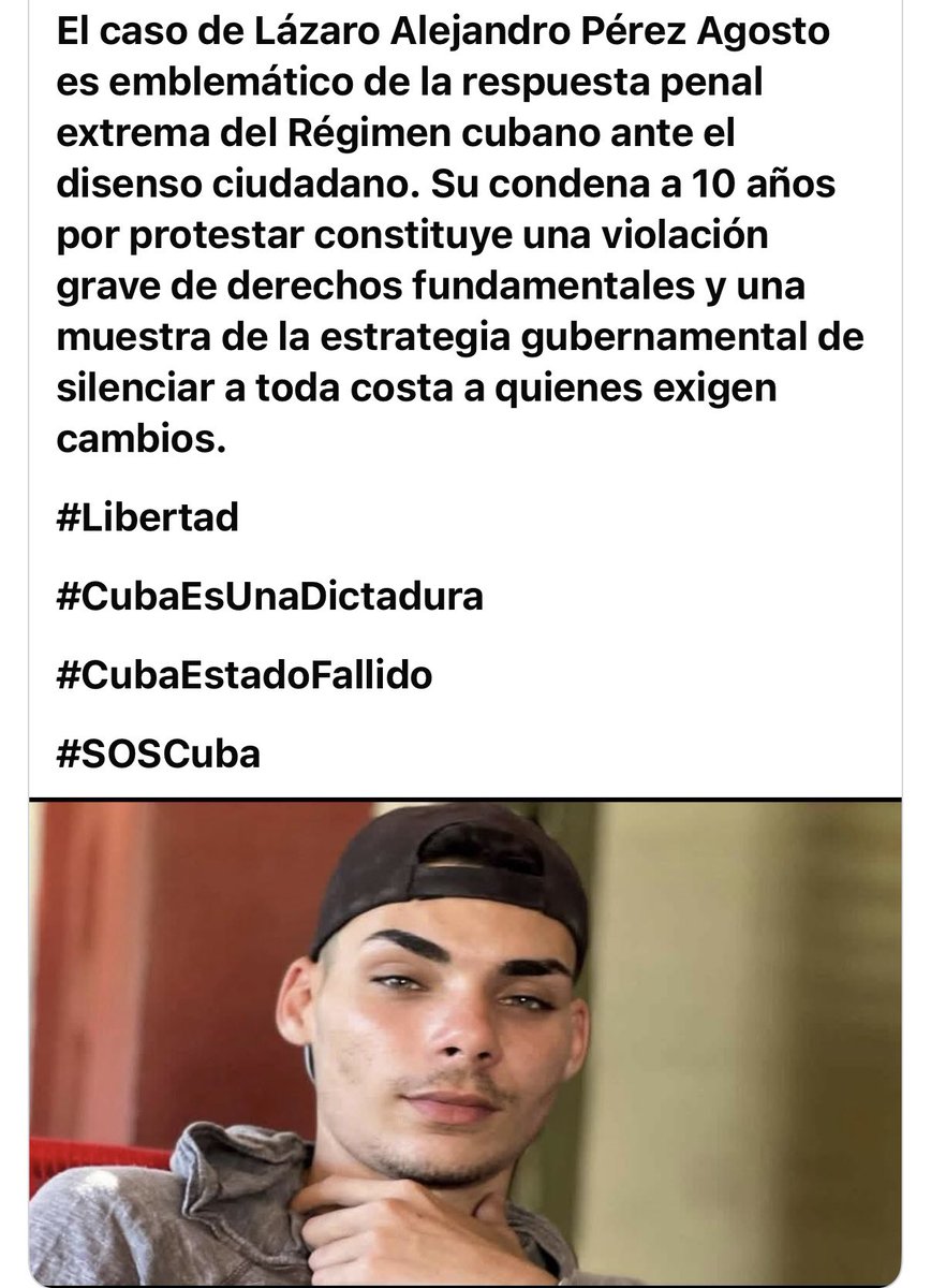 Madreselvass's tweet image. 🇨🇺🇨🇺LIBERTAD para LAZARO ALEJANDRO PÉREZ AGOSTO,NUEVITAS,Camagüey, y todos los NUESTROS‼️‼️‼️‼️‼️‼️
#GritoXCuba
@minint_cuba @MMarreroCruz @RubenRemigioCU @CastroEspinM @FACSmirnov @AlexCastroSoto1 
#SOSCuba 
@SecRubio @JMilei @GiorgiaMeloni @ComisionEuropea @GovFrench…
