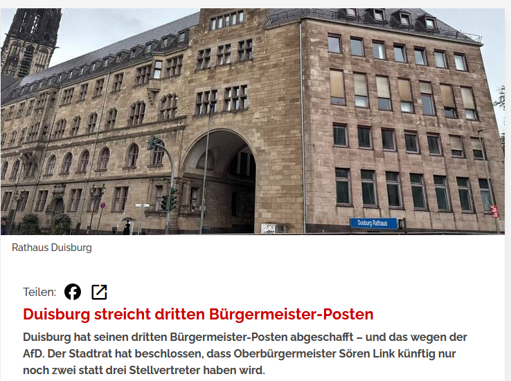 PeterBorbe's tweet image. Immer wieder werden Satzungen und Geschäftsordnungen in kommunalen Parlamenten darauf optimiert, die verhasste AfD zu schikanieren.
So auch dieser Fall in #Duisburg: Dort wurde kürzlich die Zahl der ehrenamtlichen Bürgermeister von drei auf zwei reduziert, mit dem einzigen Ziel,