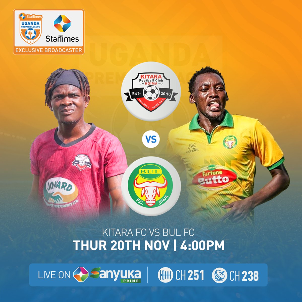 StarTimesUganda's tweet photo. We are in the oil city today at 4PM as the Eastern Giants pay the Royals a visit. What is your expectation

Catch @KitarafcHoima Vs @Bulfc1 live on @Sanyuka_Prime or via the #StarTimesON app
#StarTimesSports | #StarTimesUg | #LUGURA | #StarTimesUPL https://t.co/awNvvT0lyf