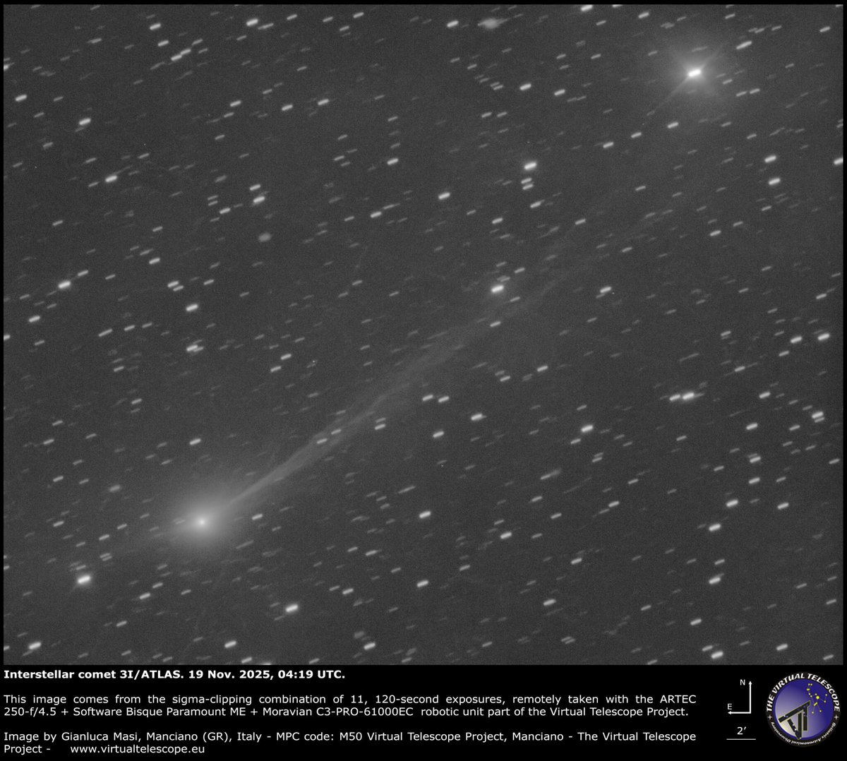 fabriziocolista's tweet image. #3IATLAS #Comet #VirtualTelescope

🛰️Aggiornamento N.9 per 3I/Atlas📷☄️

Questo il nostro appuntamento con 3I/Atlas, il visitatore interstellare attratto dalla gravità del nostro Sole e quindi costretto a &quot;sfiorare&quot; un piccolo pianeta abitato chiamato #Terra.

Oggi osserviamo la…