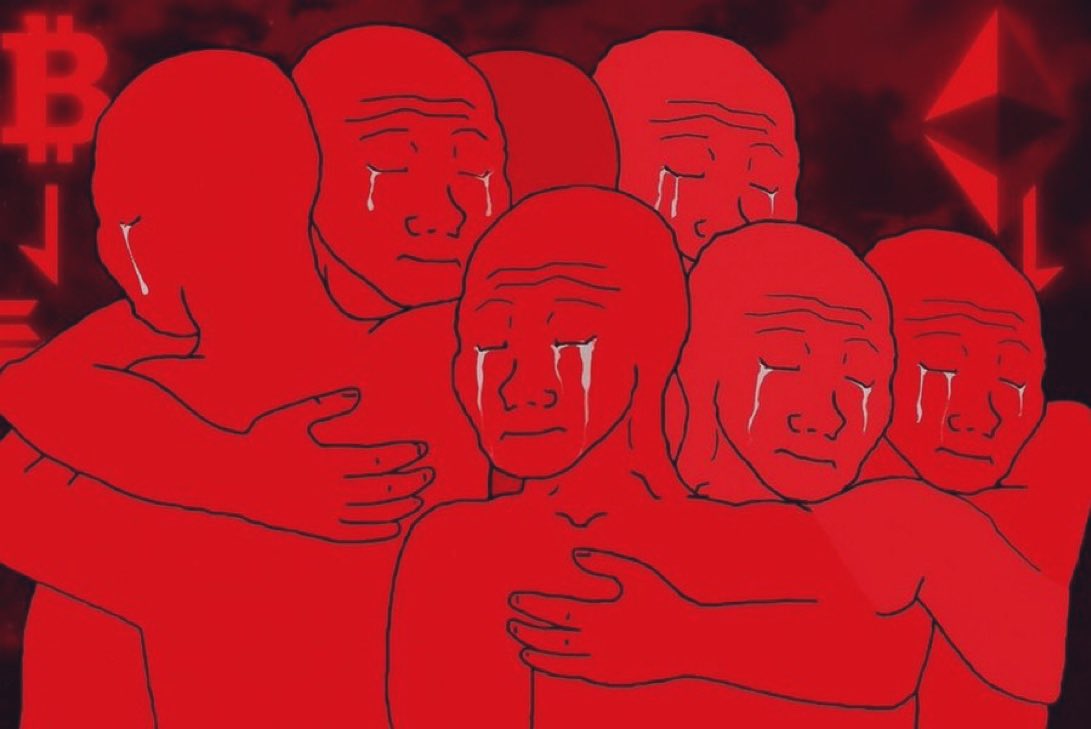 빨갛게 물든 채 우는 워작들이 비트코인과 이더리움 로고가 흐릿하게 보이는 배경에서 절박하게 그룹 허그를 하고 있고 배경에는 빨간 하락 화살표들이 있다