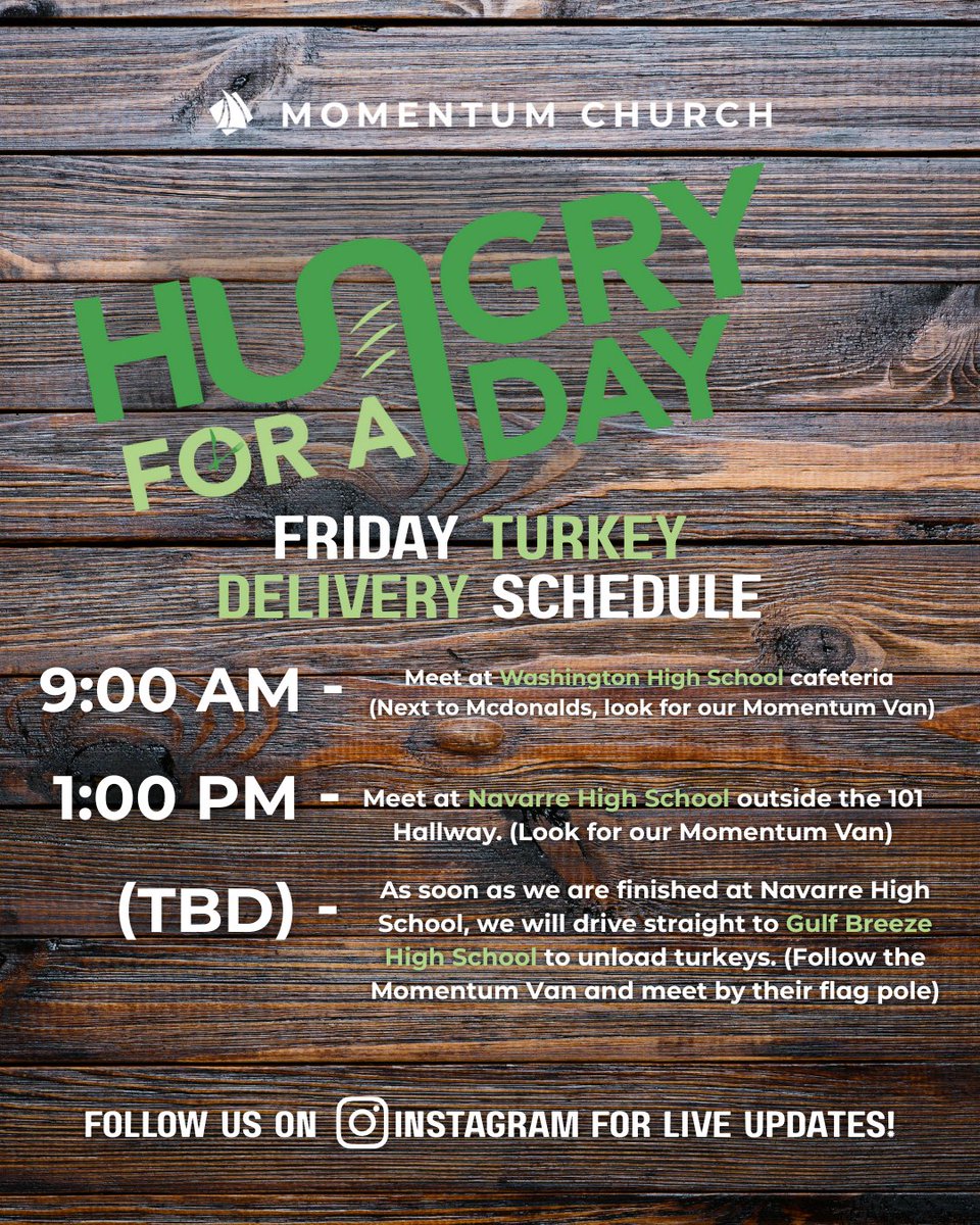 Momentum_Church's tweet photo. Friday we are delivering turkeys to Washington, Navarre, and Gulf Breeze High Schools! 450 turkeys! If you want to be a part of it, meet us at locations below and wear your Momentum Blue Tshirt if you have one! #InspiringGenerosity #Forthe850 #Thrivein25 https://t.co/RyNsOxYbb2