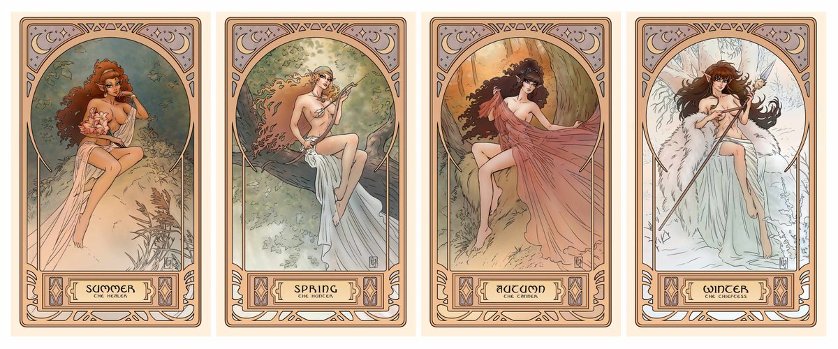 elfquest's tweet photo. @Stands @My_B_Monsters Lily shares: "This passion project celebrates two of my lifelong artistic heroes, combining Wendy Pini’s graceful, otherworldly elves with the dreamlike, idyllic scenes of Alphonse Mucha's iconic Art Nouveau posters."

https://t.co/vOzpXfGimG https://t.co/PuAoNVHos0