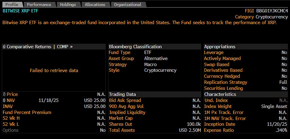 JSeyff's tweet image. Looks like @BitwiseInvest is going to launch their XRP ETF tomorrow.  The description page on the Bloomberg terminal is up. Ticker will be $XRP (elite ticker)