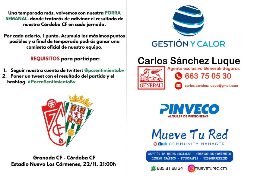 ⚪️🟢 𝙋𝙊𝙍𝙍𝘼 𝙎𝘽𝙑 ⚪️🟢

⚽️ Este sábado viajamos a Granada con la intención de traernos los 3 puntos.

Participa en nuestra #PorraSentimientoBv y ve acumulando puntos para poder conseguir una camiseta oficial.

⚠️ Recuerda cumplir con todos los requisitos 👇🏻