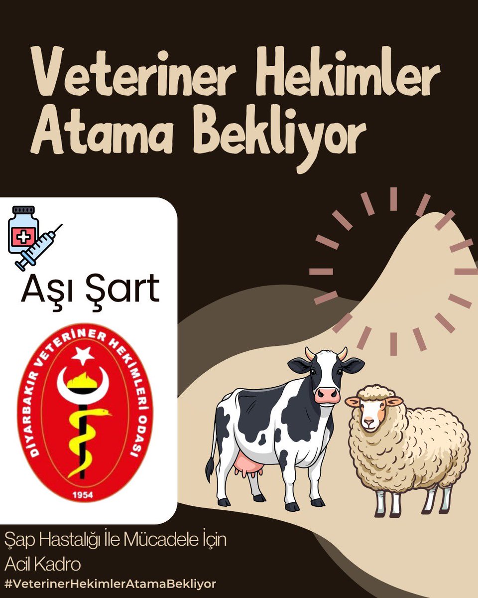 • 2 yıla yakın süredir veteriner hekim ataması yapılmadı.
•Şap hastalığı konusunda veteriner hekimler kilit rol oynamaktadır
•Yol kontrol istasyonlarında veteriner hekimi sayısı yetersiz.
Acilen yeterli sayıda veteriner hekim ataması zorunludur
#VeterinerHekimlerAtamaBekliyor