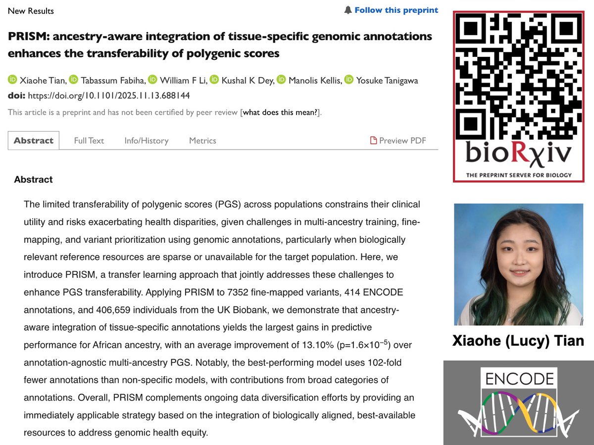 yk_tani's tweet photo. I’m happy to share our latest preprint, led by Xiaohe (Lucy) Tian.

We showed that ancestry-aware integration of tissue-specific genomic annotations enhances the transferability of polygenic scores.

More in 🧵 https://t.co/3HVx9ORc9w