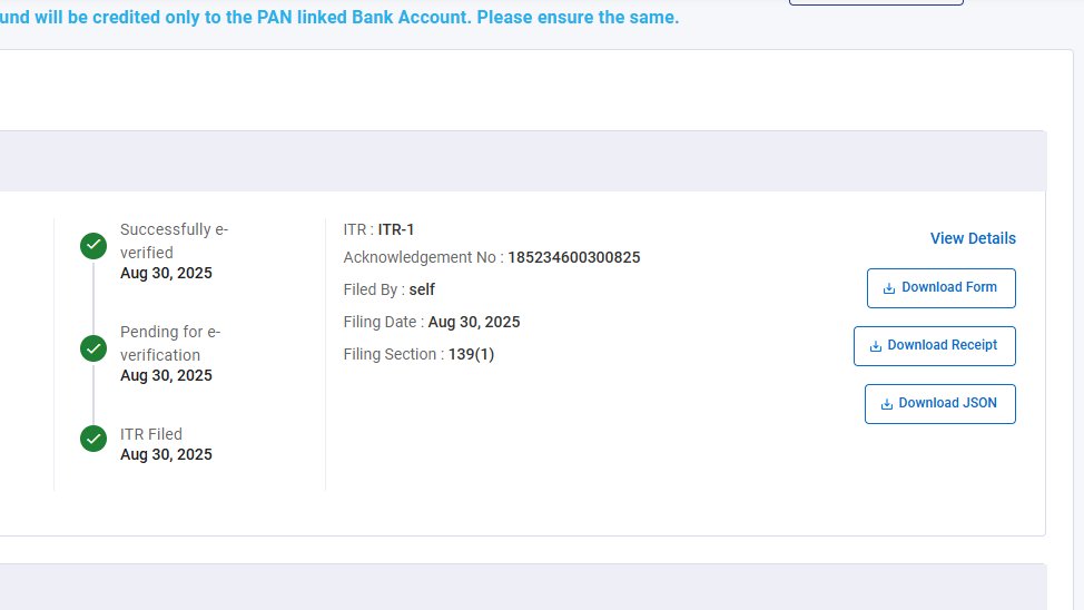 AjayKad61871922's tweet photo. Filed and e-verified my ITR for AY 2025-26 on Aug 30, 2025, but it is still not processed by @IncomeTaxIndia portal. Please expedite the process and credit my refund soon. #IncomeTaxRefund #ITRProcessing https://t.co/5XZqsOLps3