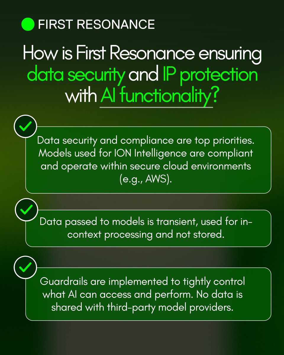 firstresonance's tweet image. Data security isn’t optional — it’s built into ION Intelligence from the start. 🔒

✅ Runs in secure, compliant cloud (AWS)
✅ Data is transient, not stored
✅ Strict guardrails for access + actions
✅ No sharing with 3rd-party model providers

#AI #Manufacturing #DataSecurity…