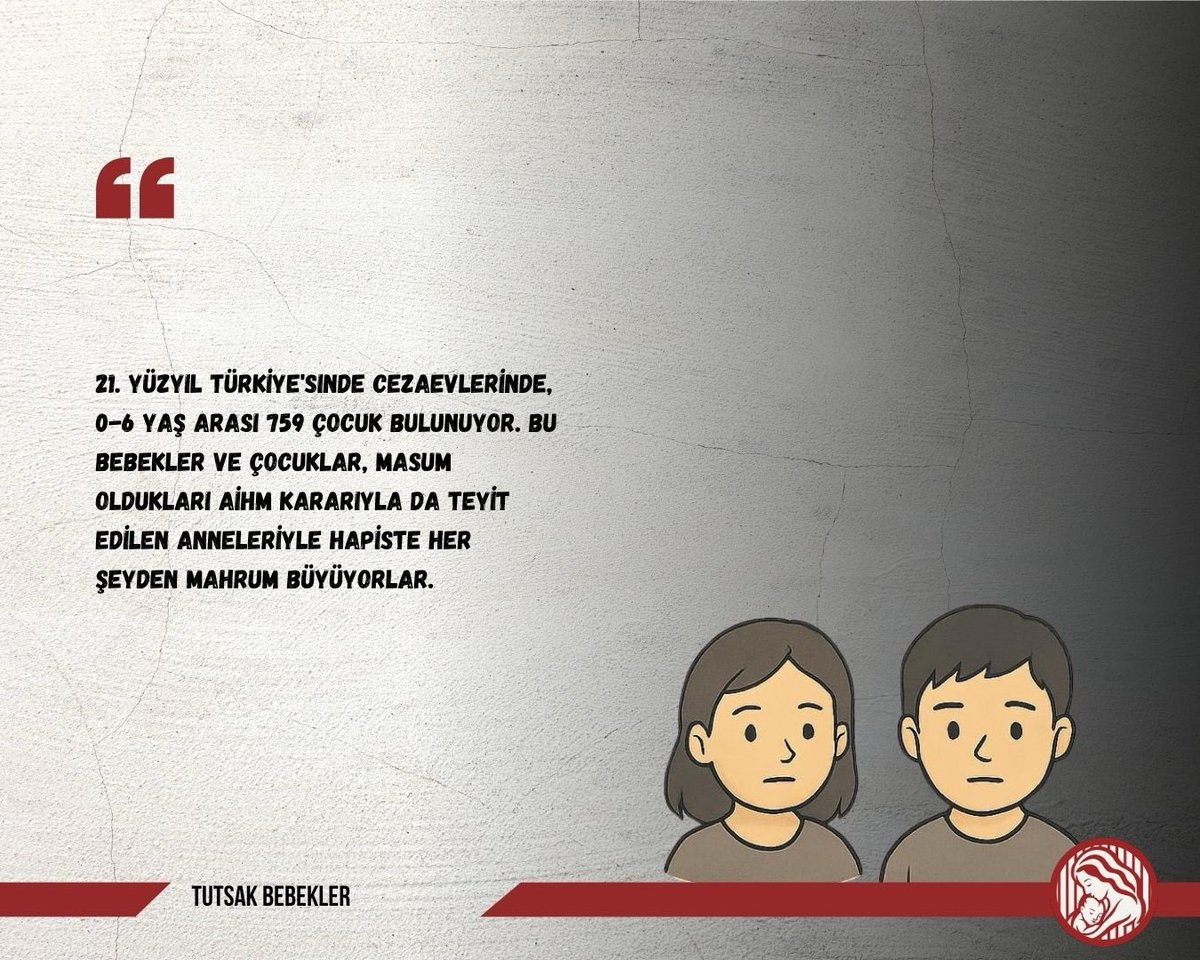 Hapishanelerde zorunlu ikamet eden 0-6 yaş bebek ve çocuklar anneleriyle birlikte kalmanın bedeli,
✔️Yetersiz beslenmeyle,
✔️Şahsi bir yatağının olmamasıyla,
✔️Oyuncak mahrumiyetiyle,
✔️Kötü sağlık şartlarında yaşamakla
Ödüyorlar...

KoğuştakiÇocuk ÖzgürOlsun

<a href="/sabahatakkiraz/">Sabahat Akkiraz</a>