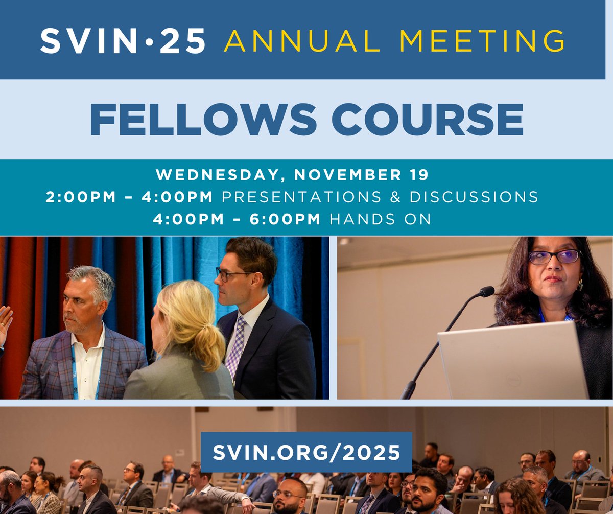 Starting Soon ... the #SVIN25 Fellows Course will feature outstanding lectures and hands-on training opportunities for fellows &amp; early-career practitioners. Connect, learn, and get inspired!

 🔗 svin.org/2025 

#SVIN #SVIN25 #SVINAnnualMeeting #interventionalneurology
