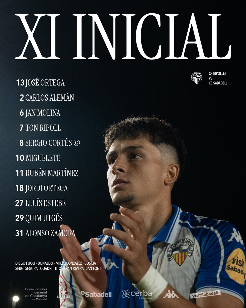 CESabadell's tweet image. 📋 El nostre XI per al partit de 𝗖𝗢𝗣𝗔 𝗖𝗔𝗧𝗔𝗟𝗨𝗡𝗬𝗔 🆚 @RipolletCF:

#AMQM | #RipolletSabadell