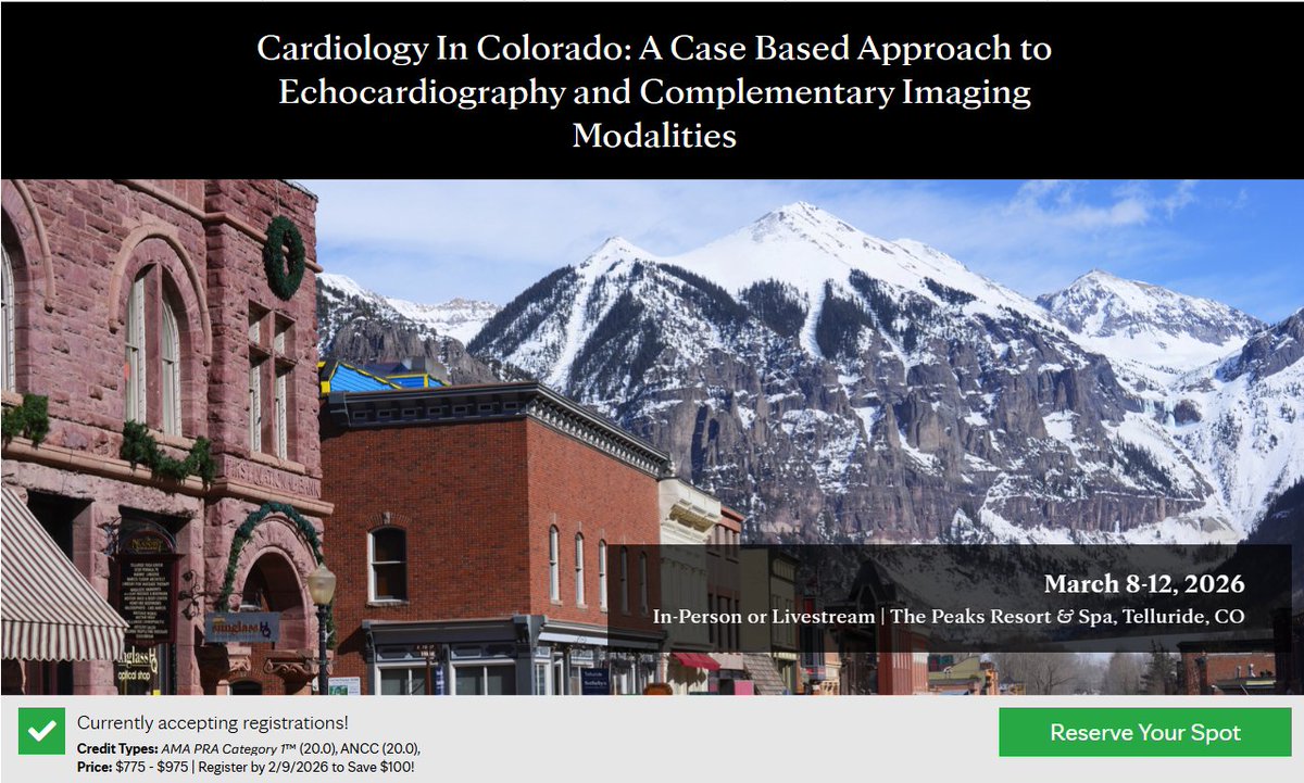 MayoClinicCV's tweet image. Advance your imaging skills with case-based CME in Telluride. Expert lectures &amp;amp; hands-on workshops offer state-of-the-art techniques and multi-modality cardiac imaging to take back to your practice. See you there! tinyurl.com/bdfmwkxy #ACCEd #cvImaging #cvEcho @MarthaGrogan1