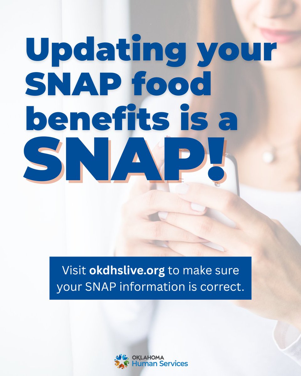 Hey Oklahomans! 👋
 
Did you know updating your SNAP food benefits info is truly a SNAP?
 
If you’ve had any recent changes such as a new job, housing cost fluctuation or a recent move, then visit okdhslive.org to update your SNAP case quickly and easily.