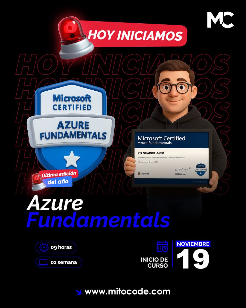 mitocode's tweet image. 🚨 HOY INICIAMOS 🚨

¡Hey Coder! 🙋🏻♀️🙋🏻♂️. Inicia tu carrera en la nube más solicitada por las empresas 👩🏻💻👨🏻💻, Azure Fundamentals (AZ-900)

🚨 ÚLTIMA EDICIÓN DEL AÑO: Azure Fundamentals
📆 Inicio: 19 de Noviembre
📲 buff.ly/5G9uVH0

#mitocode #programador #programacion