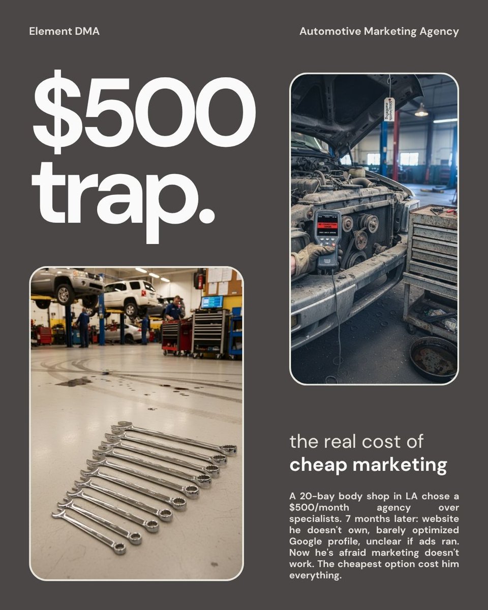 ElementDMA's tweet image. Body shop owner in LA: 20 bays, hired cheap agency ($500/mo).

7 months later: website he doesn't own, 7 photos on GBP, unclear if ads ran.

Now he thinks marketing doesn't work.

Cheap agencies don't just waste money—they destroy confidence in what actually works. 🚗💔