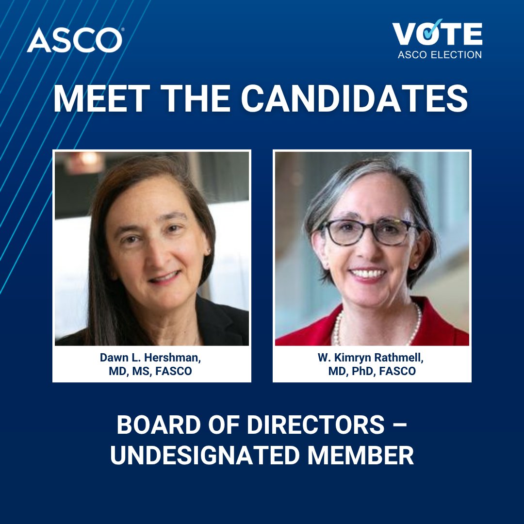 ASCO's tweet image. Voting in the ASCO Election is open now until December 8! Meet the candidates for the Board of Directors – Undesignated Member seat. 

Learn more about each candidate and make your voice heard: brnw.ch/21wXDF4