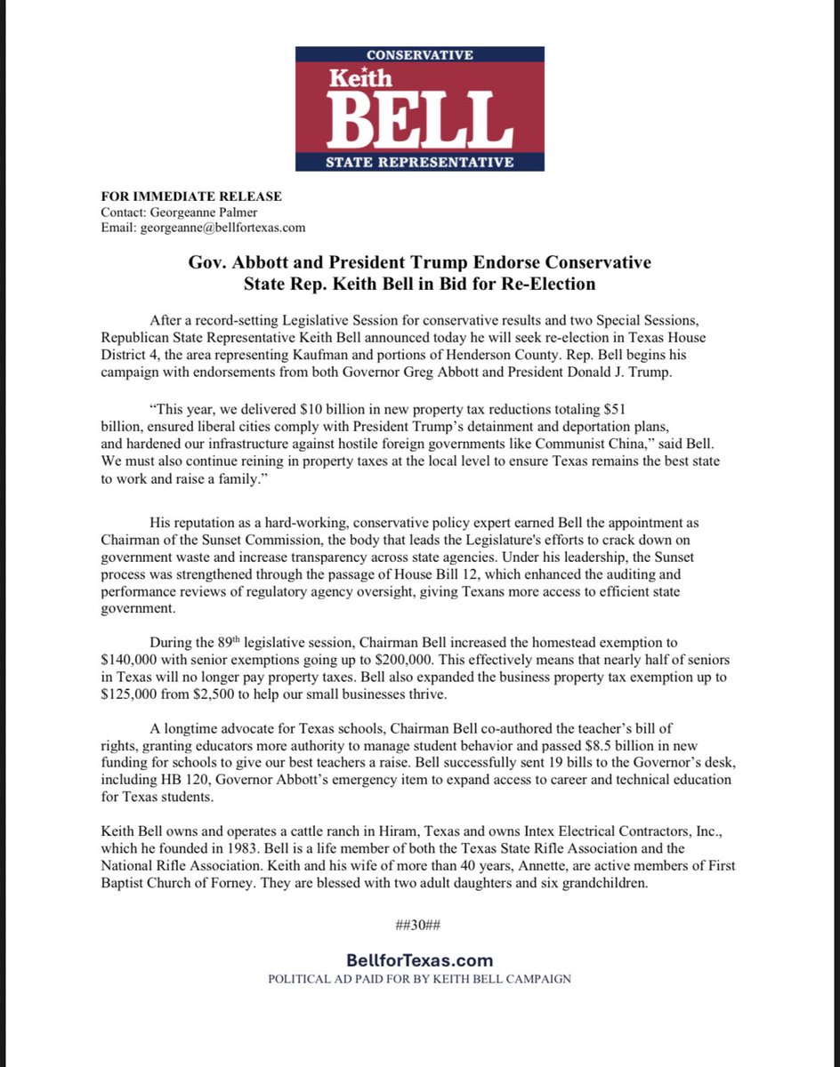bradj_TX's tweet photo. Inbox: Rep. Keith Bell announces 2026 re-election bid to #HD4. #txlege https://t.co/pVmPkpQIGU
