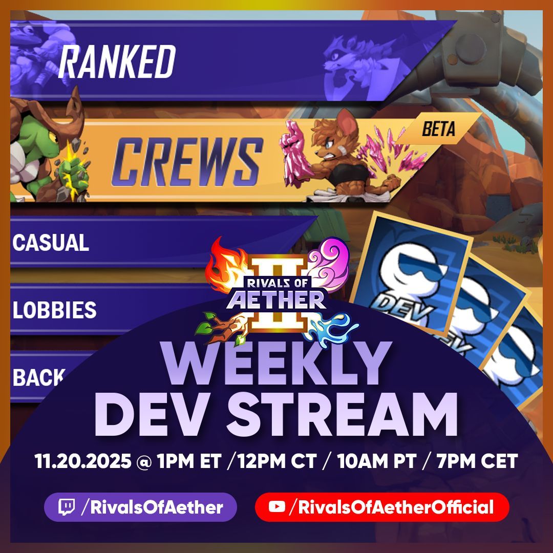 RivalsOfAether's tweet image. Come throw hands against Aether Studios devs tomorrow. Find us in the Crew Battle queue... if you dare. 

Live on Twitch and YouTube Thursday at 1pm ET / 10am PT / 7pm CET