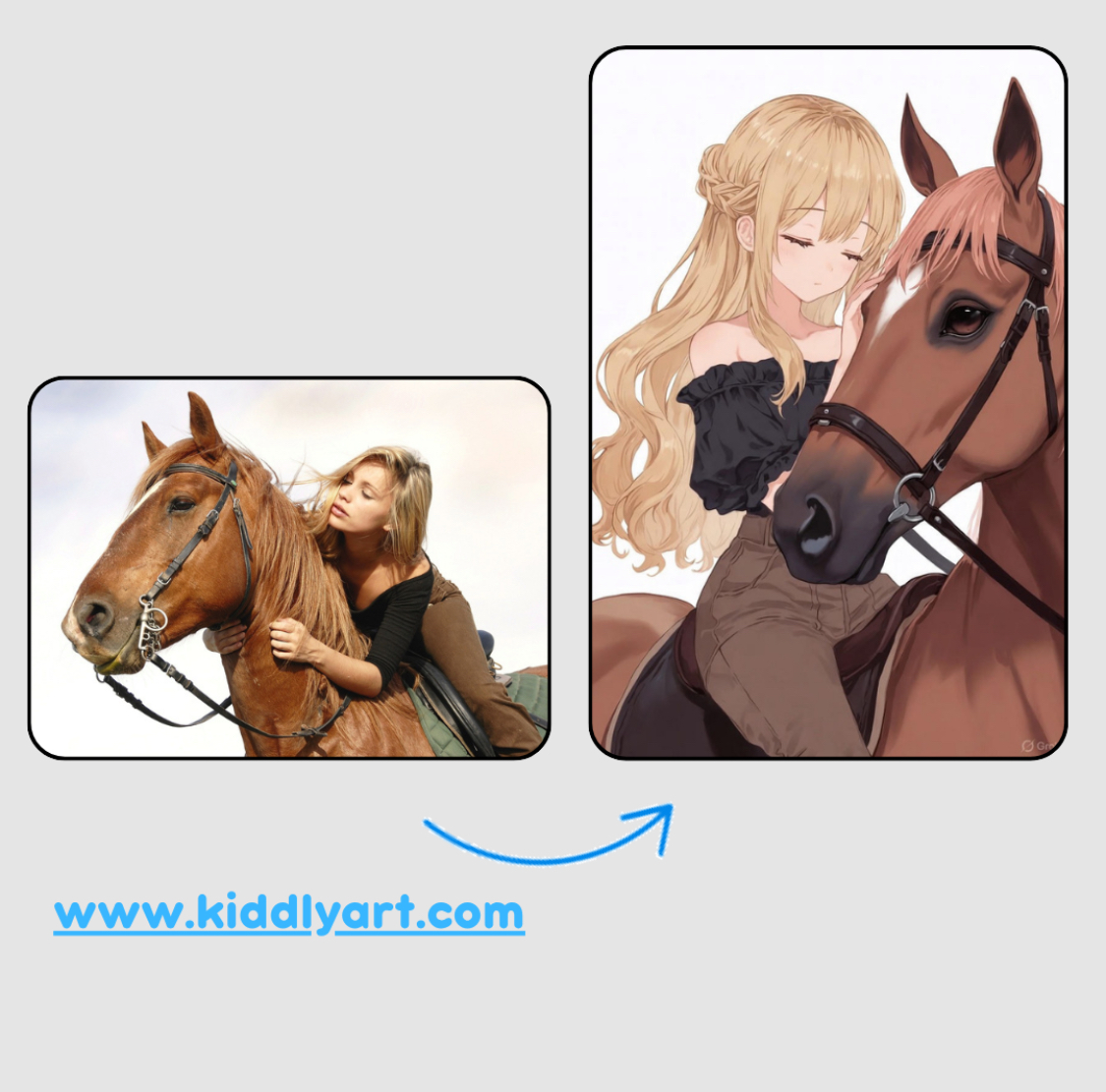 KiddlyArt's tweet image. Your special bond with your loyal horse, captured in a tender, anime-inspired portrait 🐴💕. Check us out at AnimePortraits. #AnimePortraits #CustomArt#AnimalLovers #FantasyGifts