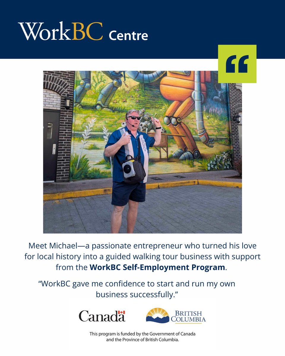 TerraceWorkbc's tweet image. For #GlobalEntrepreneurshipWeek, Michael is walking the path of entrepreneurship—literally. With help from WorkBC, he launched his own guided tour business and stepped confidently into self-employment.
#Entrepreneurship #SelfEmployment #WorkBCCentreTerrace