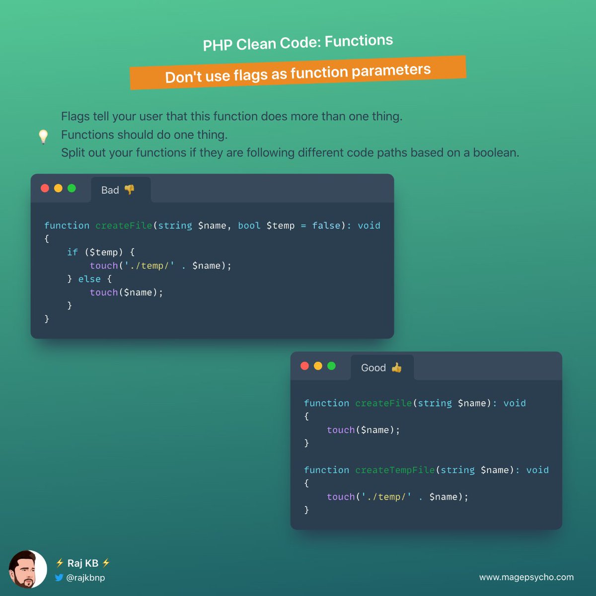 rajkbnp's tweet image. 5️⃣ Clean Code Series: Functions📒🧑💻

☑️ Don&apos;t use flags as function parameters

👉 Flags tell your user that this function does more than one thing.
👉 Functions should do one thing.
👉 Split out your functions if required.

🐘#PHP #Laravel #Symfony