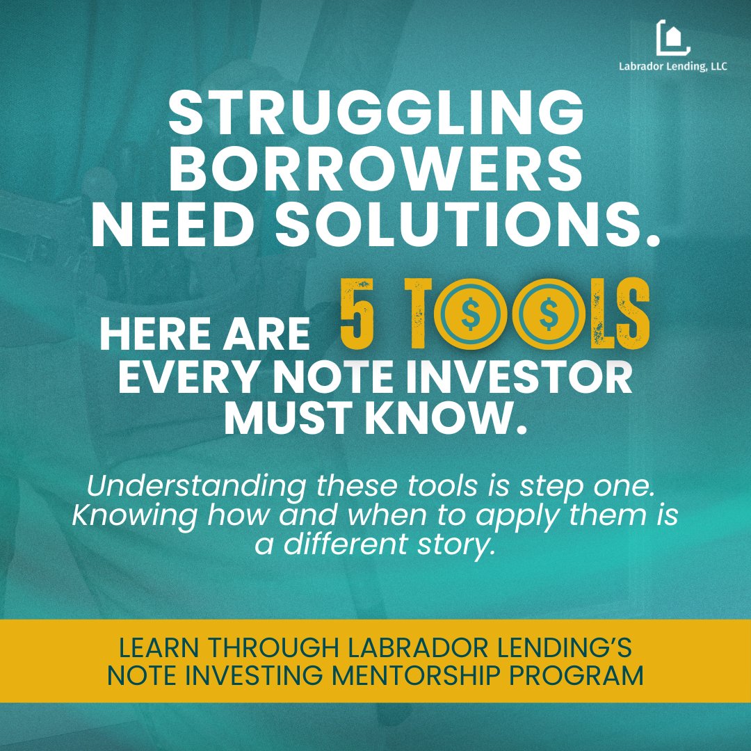 LabradorLending's tweet image. These are few essential mortgage note workout strategies every investor should know to help borrowers through financial hardship and protect your investment.
If you want to learn when and how to apply each tool, the Labrador Lending Mentorship Program can guide you step-by-step.