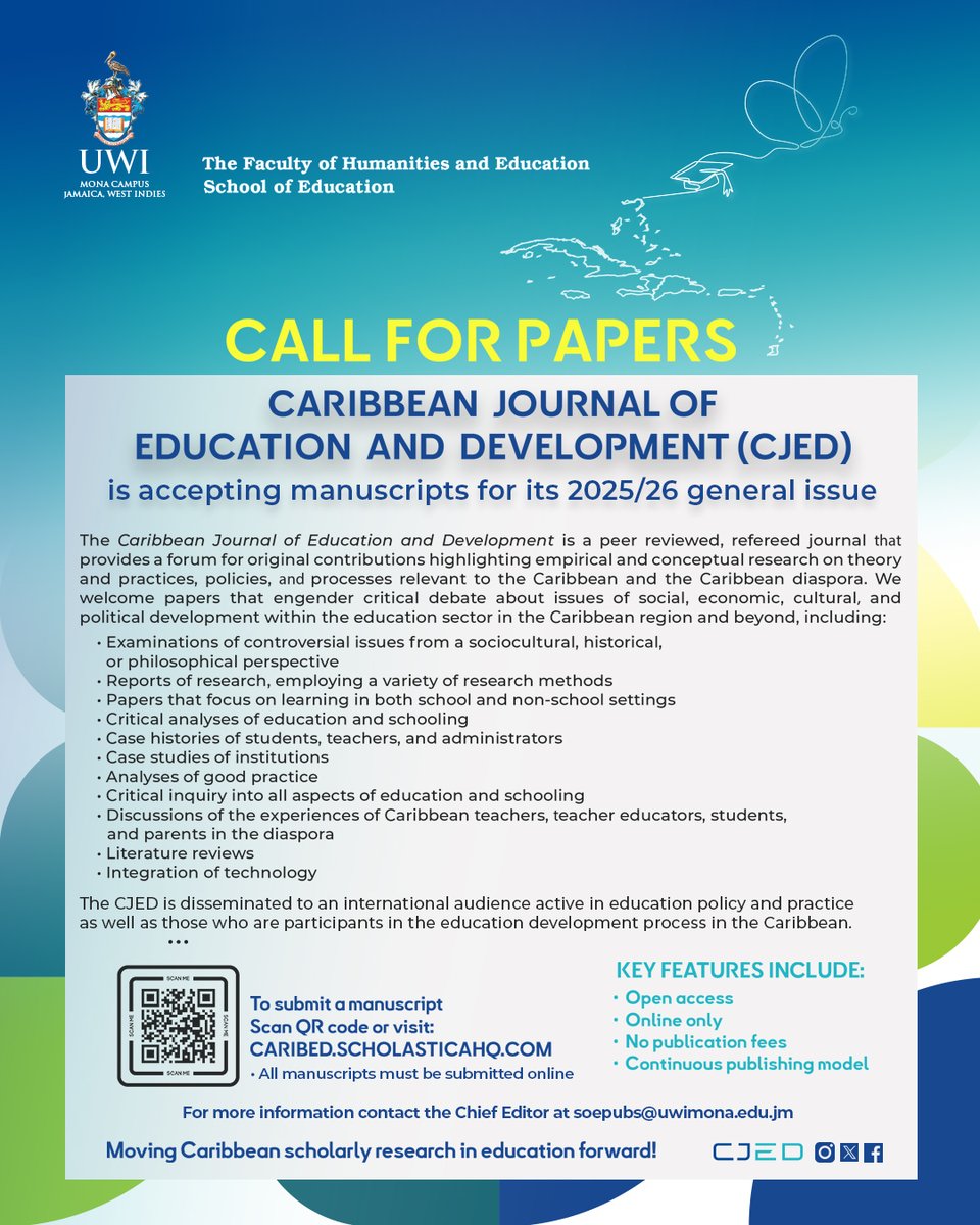 Submit your manuscript to the Caribbean Journal of Education and Development. Scan the QR code or visit caribed.scholasticahq.com.