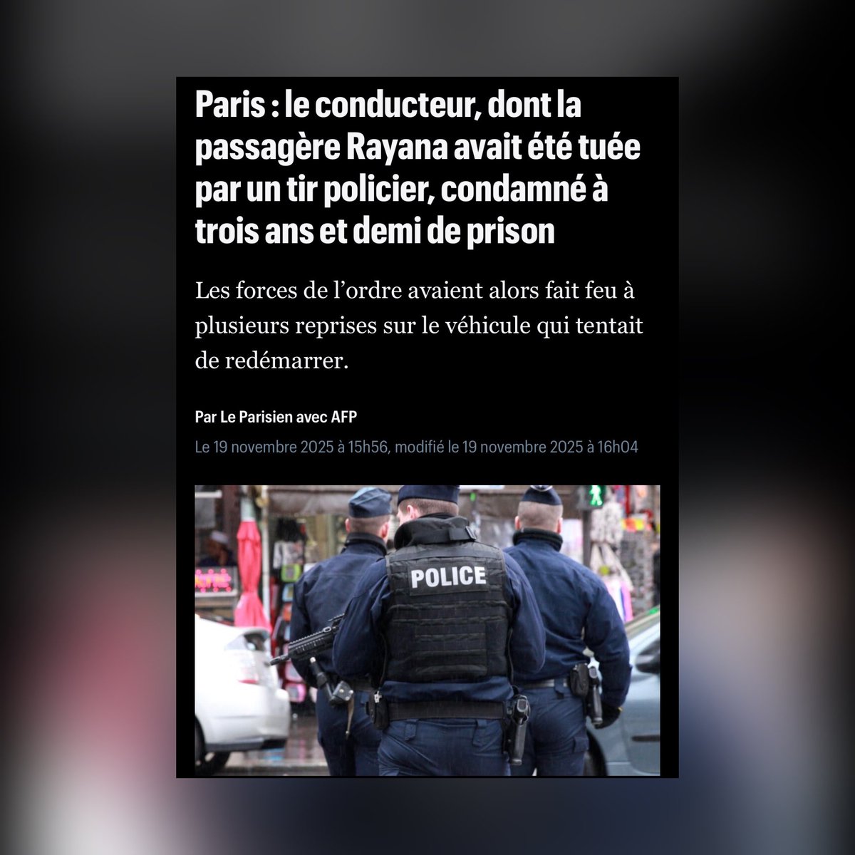 MathildePanot's tweet image. Prison ferme pour le conducteur qui a refusé d&apos;obtempérer.
Non-lieu pour le policier qui a tué d&apos;une balle dans la tête Rayana, 21 ans, passagère.
Perpétuité pour la famille de Rayana.

Il faut abroger la loi Cazeneuve qui permet ces drames.

Soutenons la famille de Rayana :…