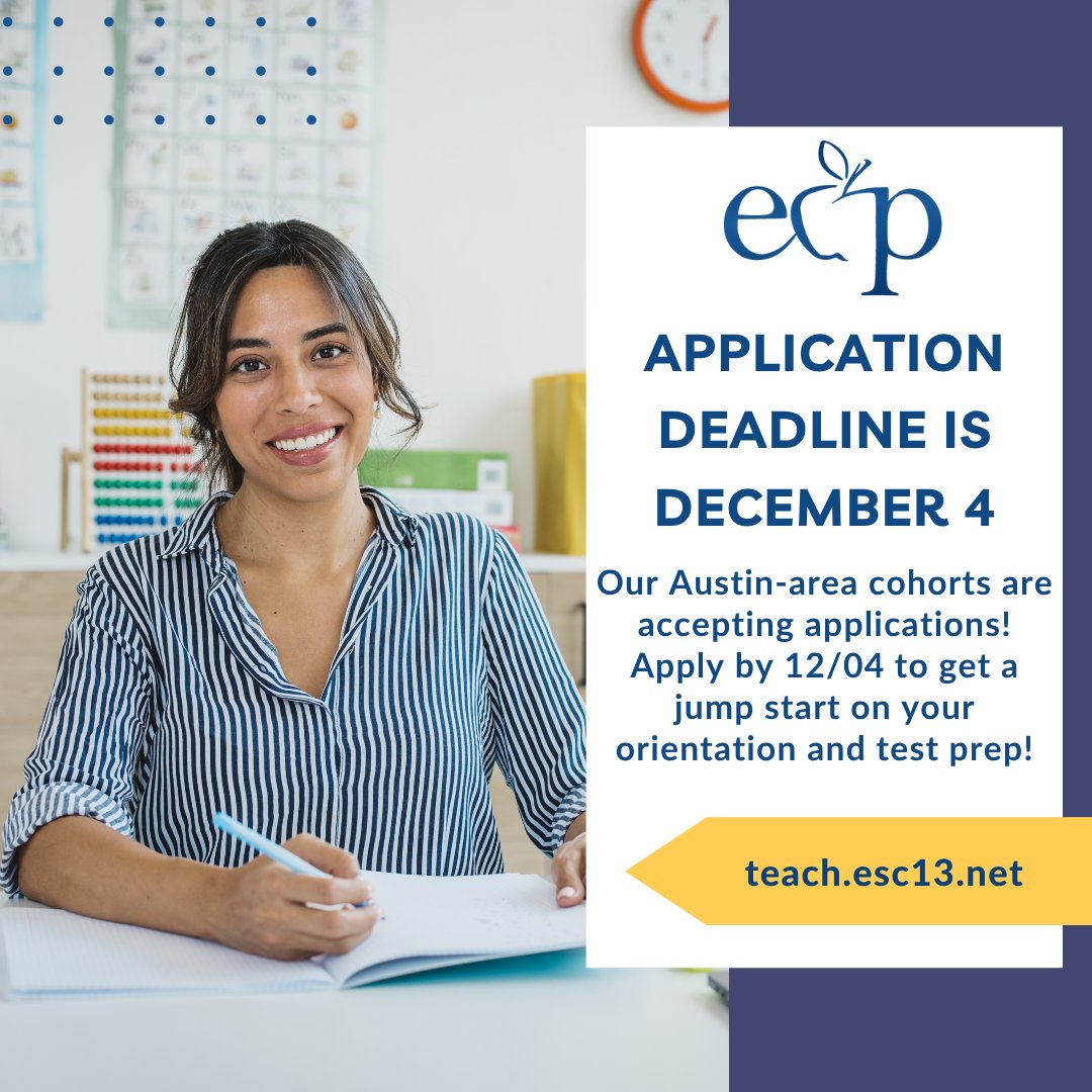 🚨Application deadline reminder! Our in-person certification cohorts offer a structured, collaborative path to #teachercertification in elementary, secondary, SPED, or bilingual education. More info➡️teach.esc13.net 
#region13createsteachers #austin #atx #austintx #texas
